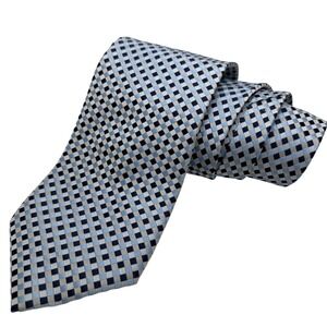 Ermenegildo Zegna Tie Mens Blue Silver Silk Woven Check Geometric Italy Luxury